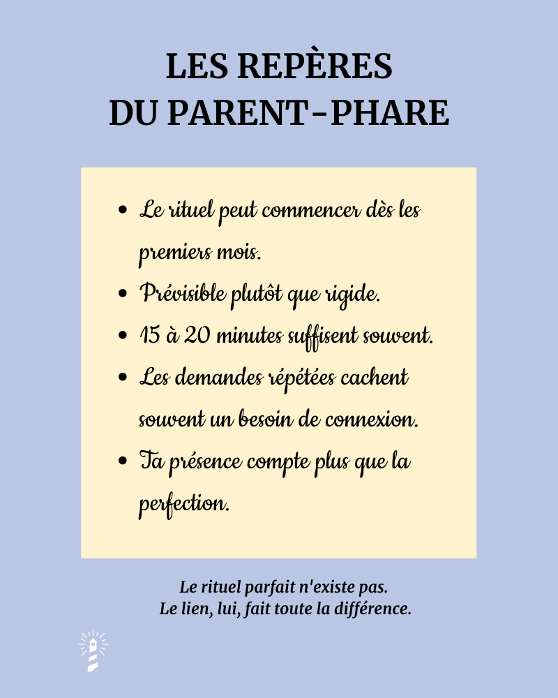 le rituel peut commencer dès les premiers mois. 🌙 il doit être prévisible, pas rigide. 🌙 15 à 20 minutes suffisent généralement. 🌙 les demandes répétées après le coucher sont souvent liées au b